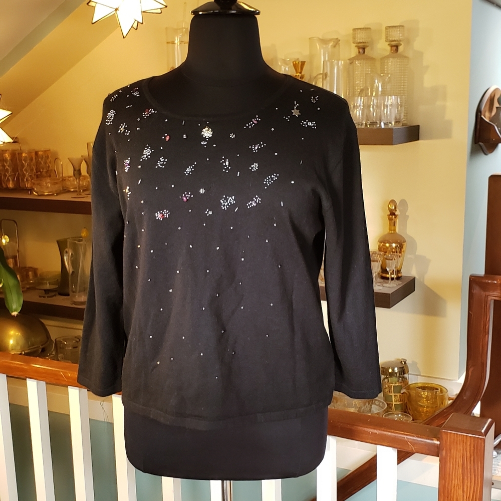Ruby Rd. Womens Black Beaded & Charmed Lightweight Sweater